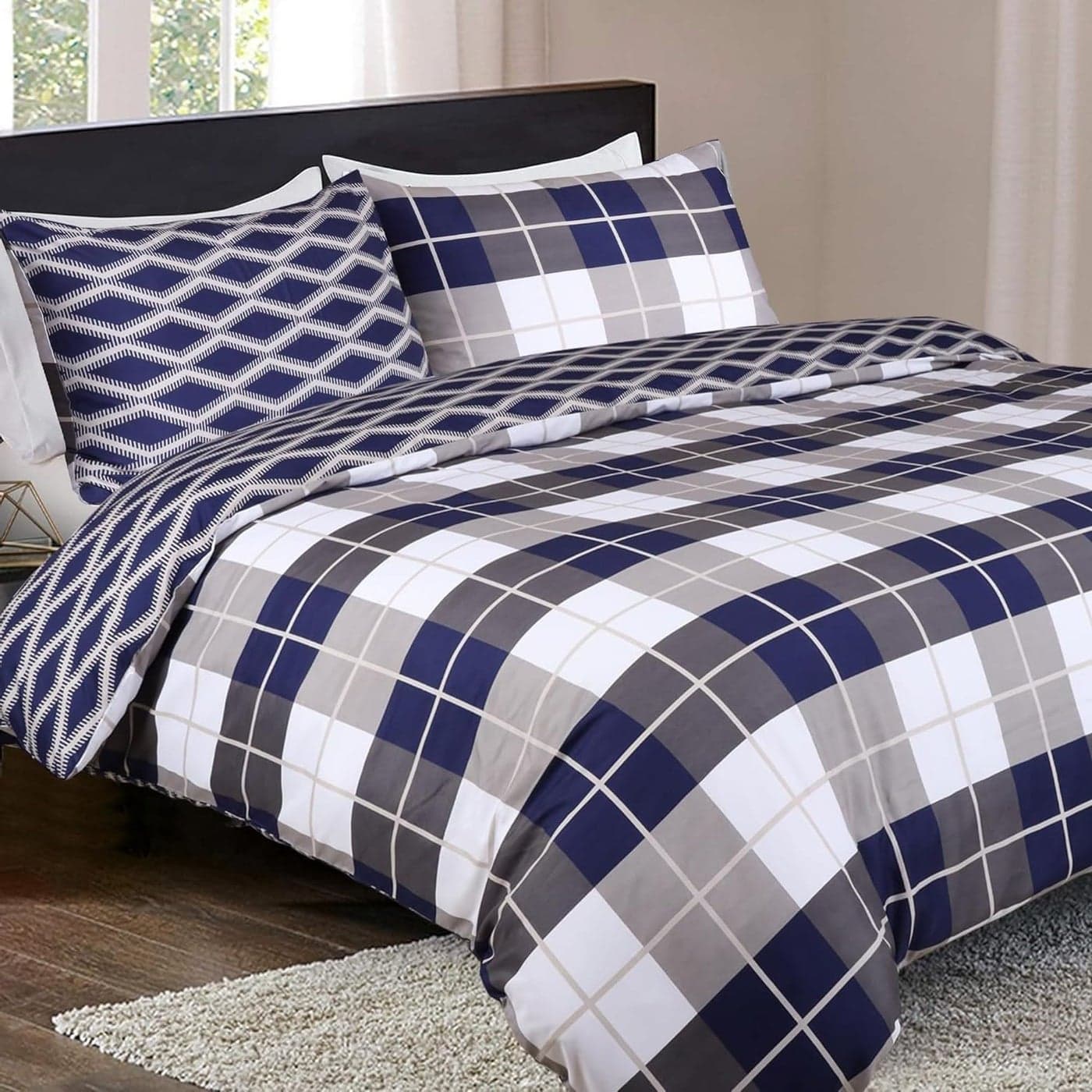Imperial Rooms King Size Duvet Cover Sets Soft Printed Bedding Set Brushed Microfiber Duvet Covers with Pillowcases Navy Check 230x220 CM
