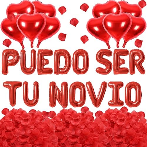 2 Set Red PUEDO SER TU NOVIO Balloons 1200pcs Red Artificial Rose Petals 30pcs 16 Letter Balloon 10pcs 18 Heart Balloons Alphabet Foil Mylar Balloon for Valentines Day Decorations