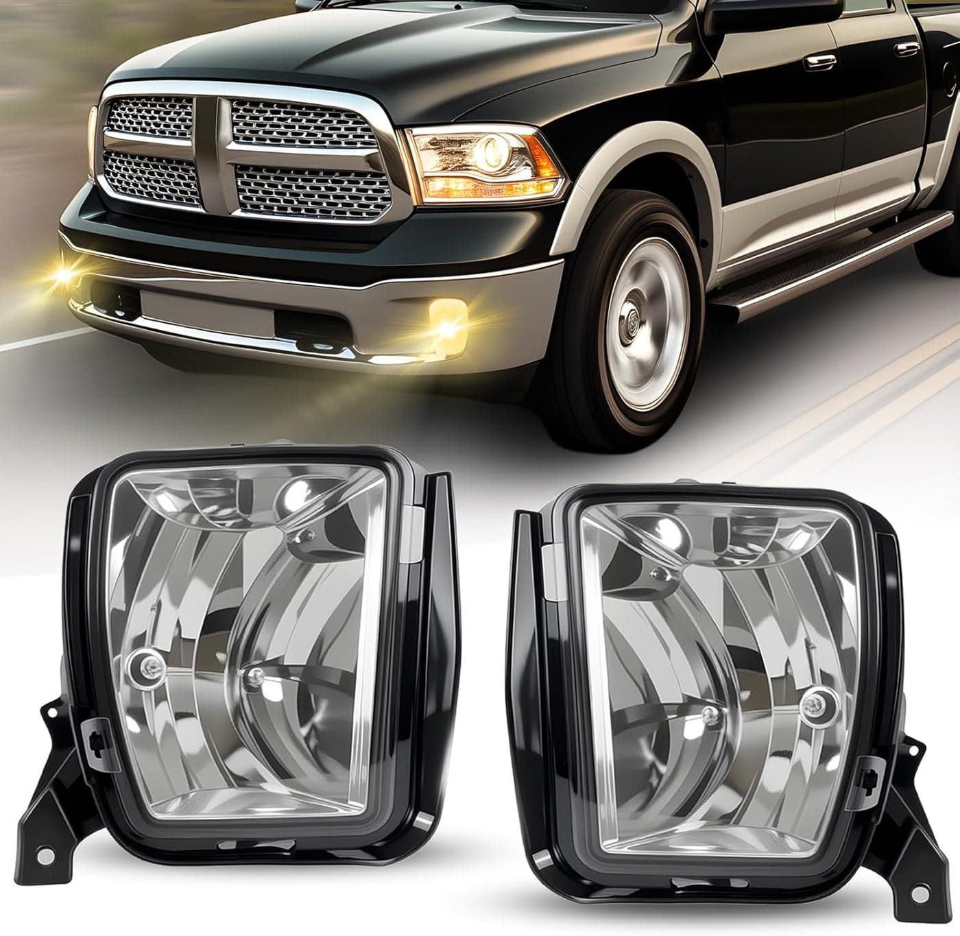 Shocklight Fog Lights for 2013-2018 Ram 1500 & 2019-2021 Ram 1500 Classic - Clear Lens Front Bumper Driving Lamps