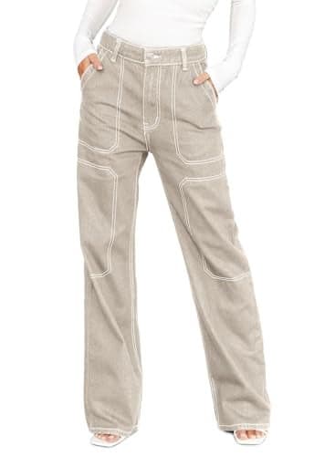 Dokotoo Women's Casual High Waisted Cargo Jeans Wide Leg Denim Pants Apricot Size 4