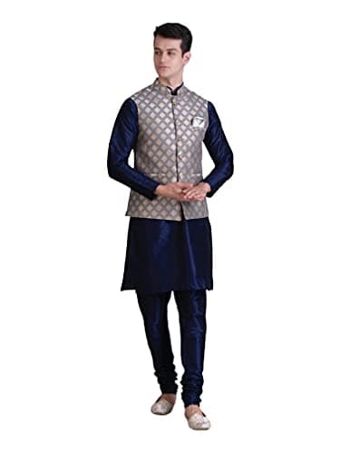 Ethluxis Men's Silk Blend Navy Kurta Pyjama Set with Bundi Nehru Jacket Waistcoat (46, Navy/Grey)