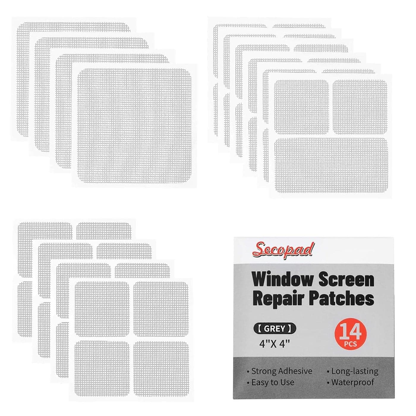 Secopad 14 Sheets Window Screen Patches Repair Kit GreyBlack 3 Sizes Window Screen Repair Kit for Mesh Screen Door Strong Adhesive Fiberglass Quick Screen Repair Tape
