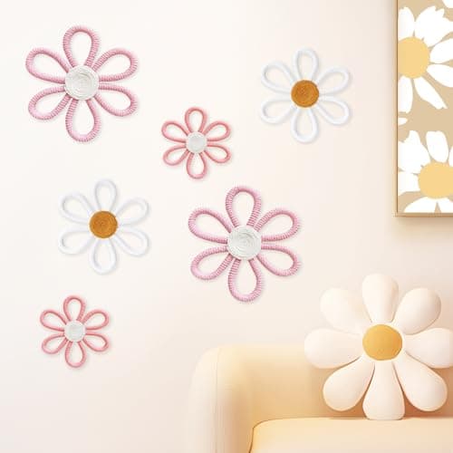 cntjv 6 Pcs Boho Daisy Wall Decor Pink Floral Macrame Wall Hanging Set 3 Mixed Size Cute Small Flower Art or Home Girls Room Nursery Classroom Classic Pink
