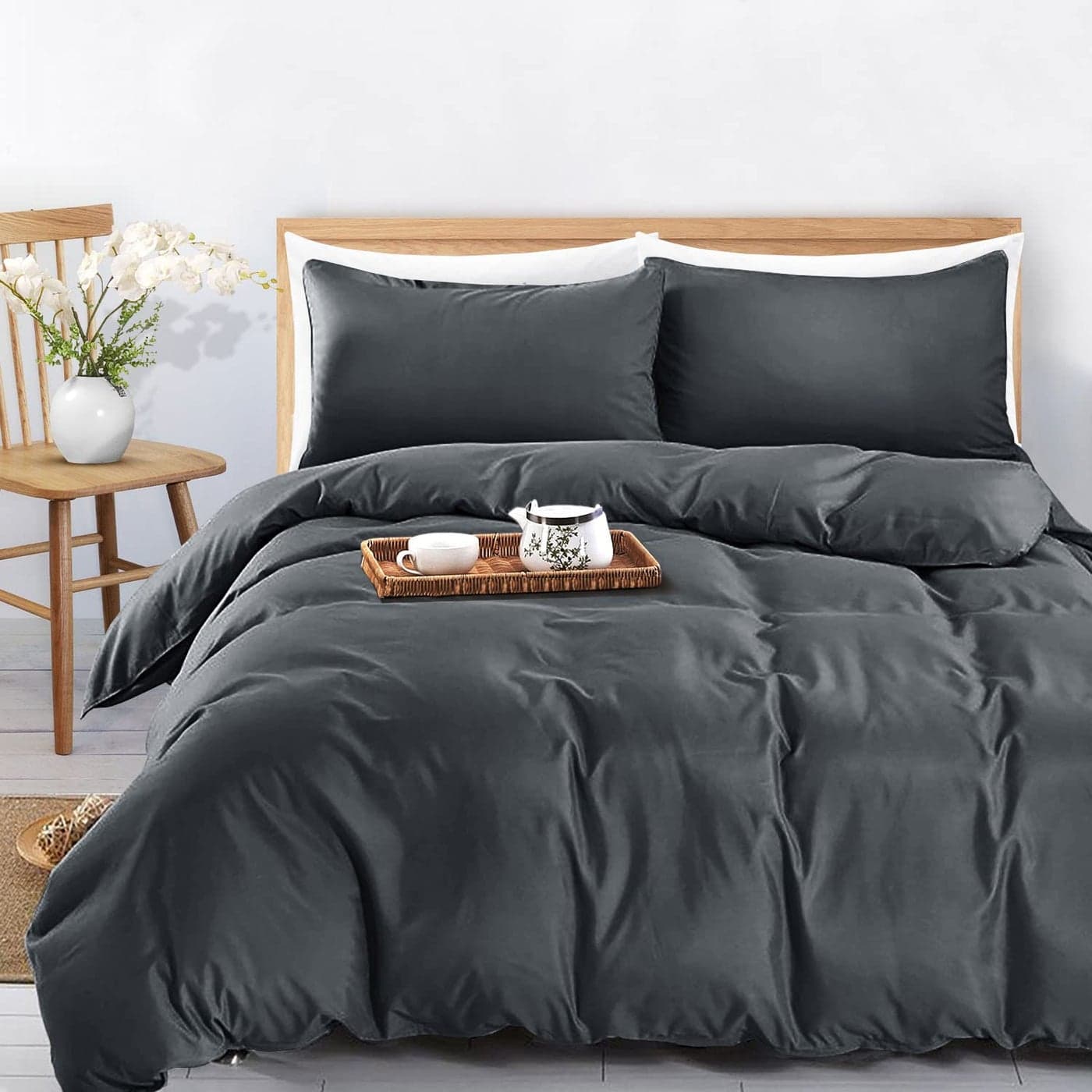 MOONLIGHT20015 Single Duvet Cover Charcoal Solid Soft Single Bedding Duvet Cover Set with 1 Matching Pillowcase