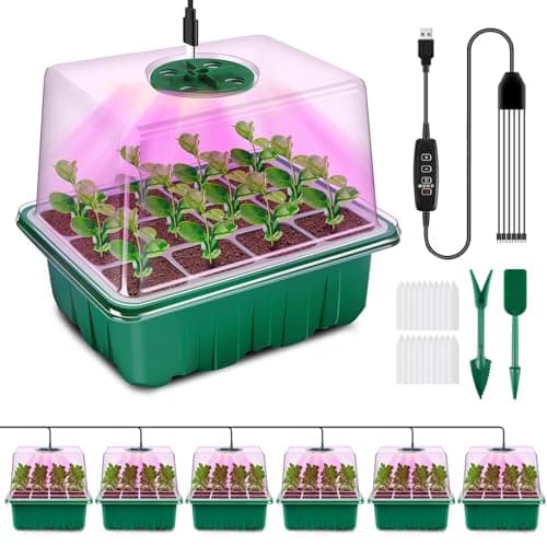 YAUNGEL Seed Starter Tray with Grow Light, 6 Pack Seed Starter Kit with Timing Controller Adjustable Brightness, Thicken Seedling Starter Trays with Humidity Domes Heightened Lids, Gift Box