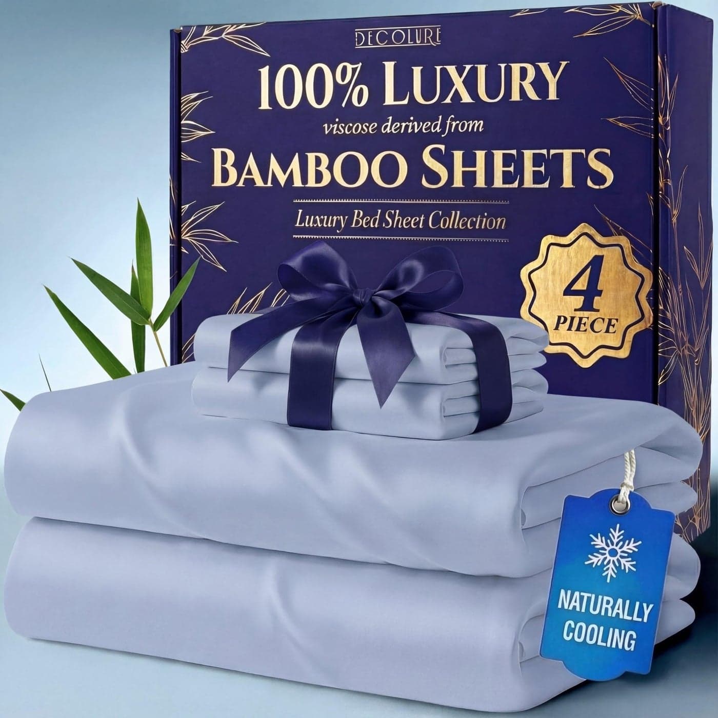 DECOLURE 100 Viscose Derived from Bamboo Sheets King Size Luxury 4 Pc Naturally Cooling Sheets Ultra Soft Bed Set Deep 17 Pockets Durable Double Stitching Oeko Tex Standard Light Blue
