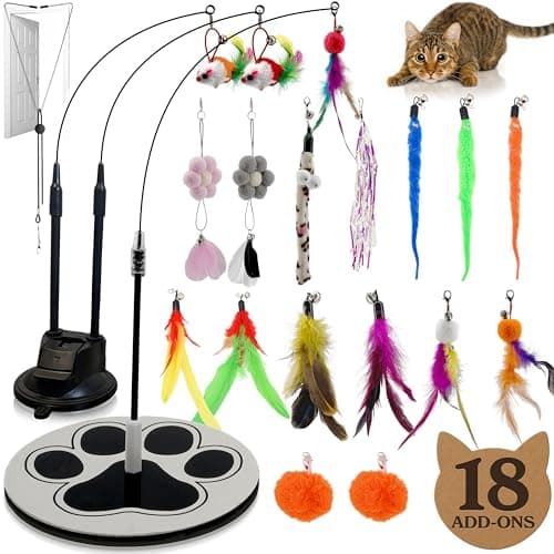 18Piece Interactive Cat Toys for Indoor Cats PATENTED Heavy Duty SelfHolding Floor Base Suction Cup Durable Feather Wand Bird Simulation Self Play Kitten Toys for Bored Adult Cats Juguete Gato
