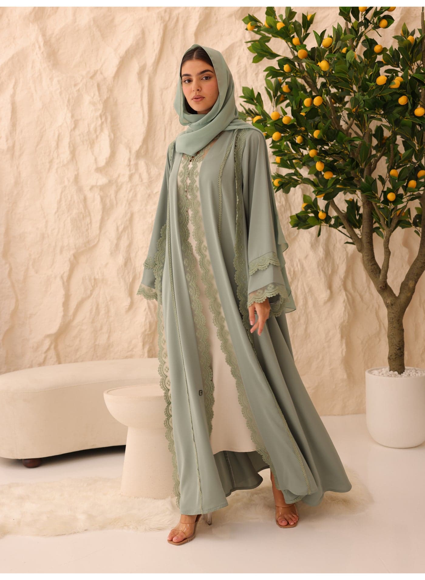Sage Trim Lace Abaya