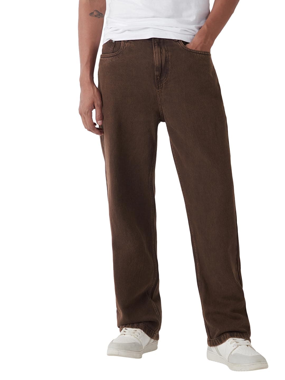 Bewakoof Men's Washed Baggy Fit 100% Cotton Acid Wash Jeans_652463_Brown_30
