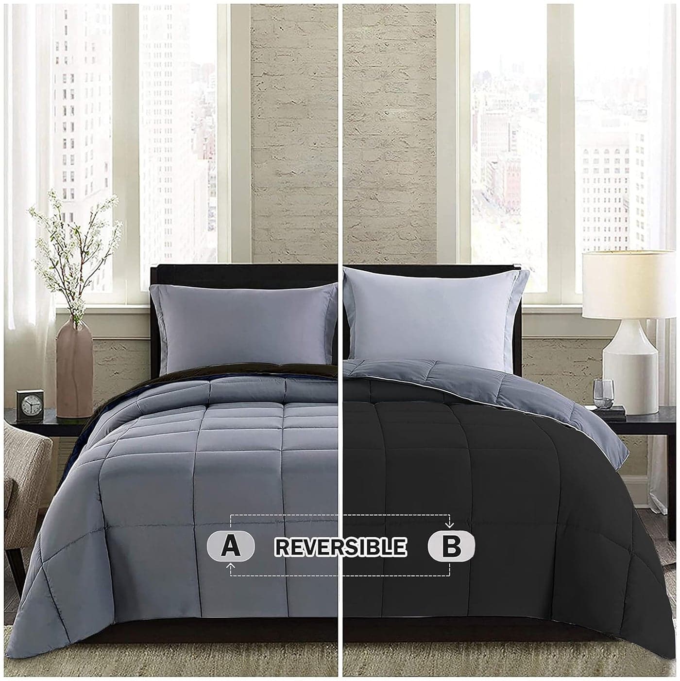 BSB HOME Microfiber Solid Reversible Soft AC Comforter Double Bed Blanket for Summer/All Season (Z Black & Grey, 200GSM, King Size, 90 x 100 inches)