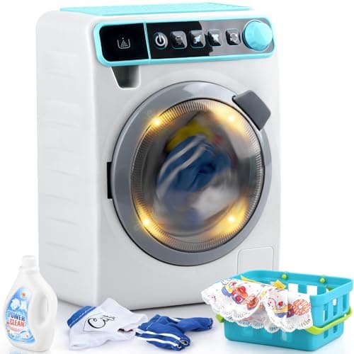 Kids Toy Washing Machine Realistic Pretend Play Appliance for Girls Interactive Toy Dollhouse Furniture Play Washer and Dryer Playset with Spinning Drum Light Sound Effects Laundry Basket Set