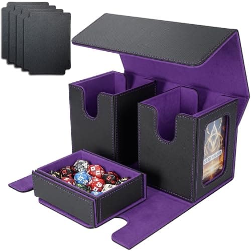 AFIING MTG Commander Deck Box 200 Double Sleeved Cards Storage 3in1 Magnetic Card Case Organizer for Magic The Gathering TCG CCG 4 Dividers 2 Toploaders BlackPurple