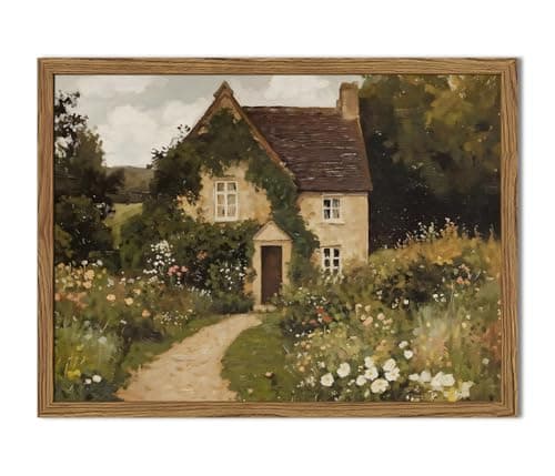 Vintage Cottage Core Wall Art, Farmhouse Landscape Wall Decor Painting Country House Artwork 3D Textured Hand Drawn Sandstone for Bedroom Living Room 16x24 inch Wood Framed