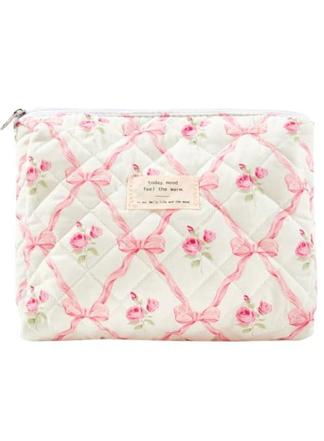 Sminra Makeup Bag Large Travel Quilted Cosmetic Makeup Bag Organizer Floral Cotton Coquette Aesthetic Toiletry Bag for Women Girls Pink Bow Flowers