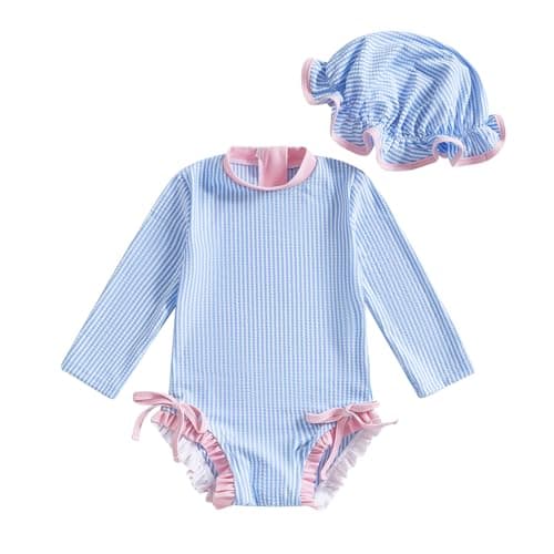 Baby Girl Swimsuit Baby Girls Long Sleeve One Piece Swimsuit Romper with Hat Bathing Suit Beach Rash Guard (G-T-Blue, 12-18 Months)