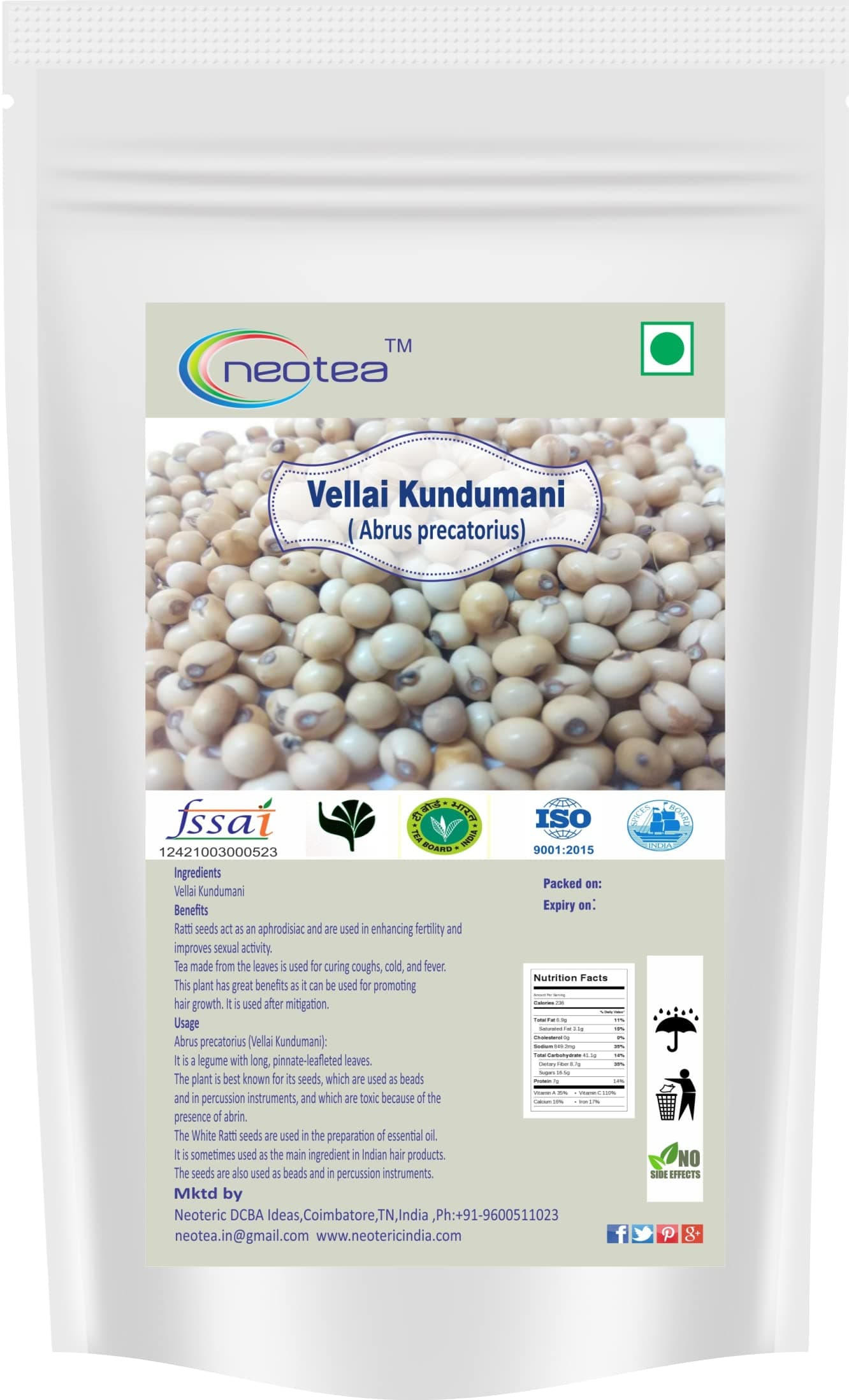 Neotea Vellai Kundumani Gulugunji Ratti Seeds | Abrus Precatorius White Variety | 100GM | Natural, Raw & Unprocessed Seeds | Ideal for Traditional and Research Use | No Additives or Preservatives