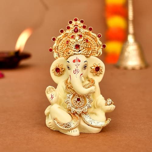 CraftVatika Ganesh Idol Murti Statue for Car Dashboard Gift Ceramic Terracotta Gold Plated Ganesha Ganpati Idols Showpiece Figurine for Home Pooja Room Diwali Decoration. (Cream Color)