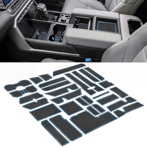 SENSHINE Custom Liner for Toyota Tundra Accessories 2022 2023 2024 2025 Cup Holder Inserts Center Console Liner Mats Door Pocket Mats Pad 30Pcs (Blue Trim)