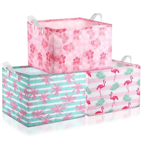 Geelin 3 Pcs Flamingo Baskets Summer Storage Basket for Gifts Collapsible Waterproof Canvas Cute Storage Bin Organizer with Handles for Book Closet Shelf Nursery Decor
