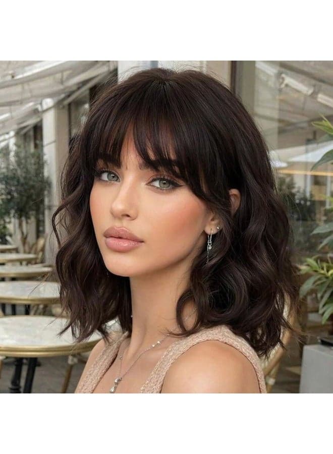 Dark Brown Wig with Bangs Bob Wigs for Women Short Wavy Curly Shoulder Length Wig 14 Inches Synthetic Heat Resistant Hair for Daily Party Use