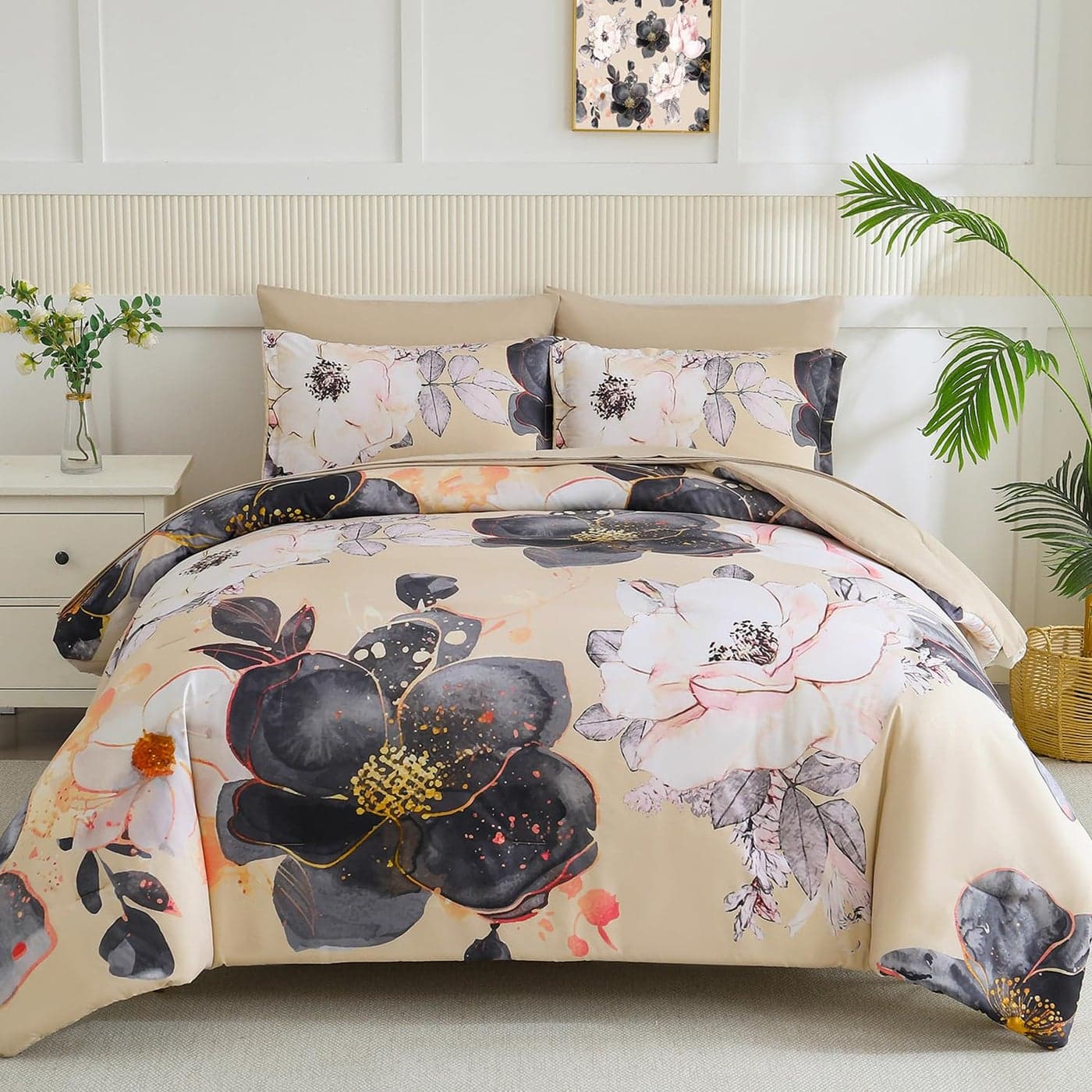 Yogeneg Queen Comforter Set 7 Piece Bed in a BagWhite Black Floral Botanical Pattern Khaki Bedding SetSoft Microfiber Comforter with Sheet SetAll Season Bed SetKhakiQueen