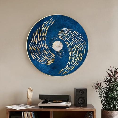 PAINTINGMANTRA Framed Painting Nordic Moon Fish Round Large Wall Art Painting for Living Room Decoration, Circular Gold Metal Finish Stylish Large Wall Art Print for Wall Decor (22x22 Inches)