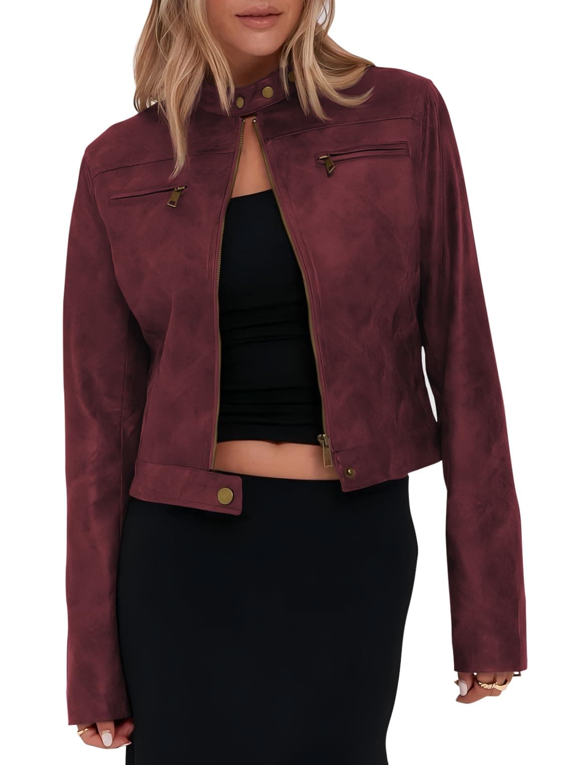 Onedreamer Women's Faux Leather Cropped Jackets Casual Vintage Zip Up Stand Collar Motorcycle Short Coat Jacket