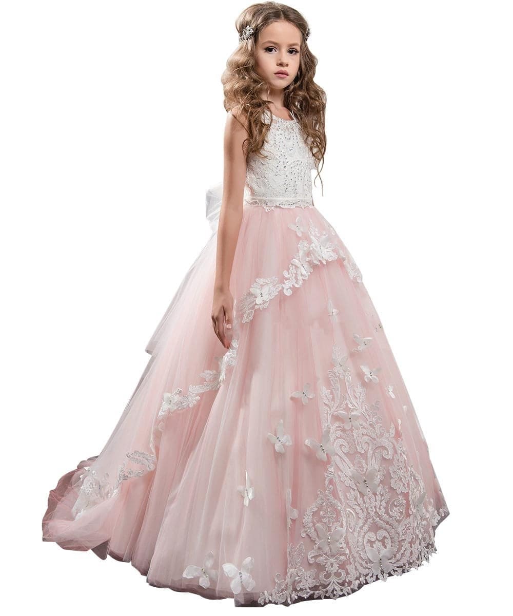 Fancy Flower Girl Dress Kids Lace Applique Pageant Party Ball Gown Blush Pink Size 10