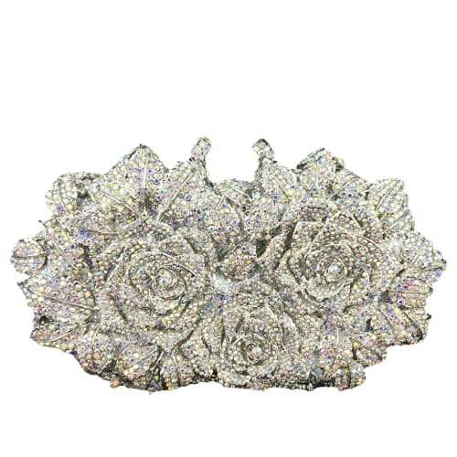 Boutique De FGG Dazzling Flower Evening Bags For Women Formal Party Rhinestone Handbags Wedding Crystal Clutch Purse,Silver AB,Mini