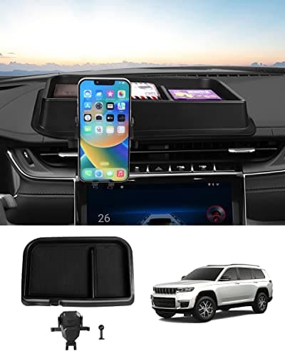 Autorder Phone Holder Mount for Jeep Grand Cherokee 2022 2023 2024 2025/Grand Cherokee L 2021 2022 2023 Center Console Dashboard Organizer with Phone Stand with Anti-Slip Mat