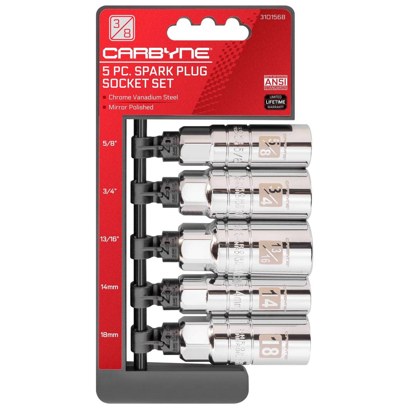 CARBYNE Spark Plug Socket Set 5 Piece Includes 58 34 1316 14mm 18mm sizes High Visibility 38Inch Drive SAE Metric Spark Plug Socket Set Heat Treated CRV Steel Mirror Polish