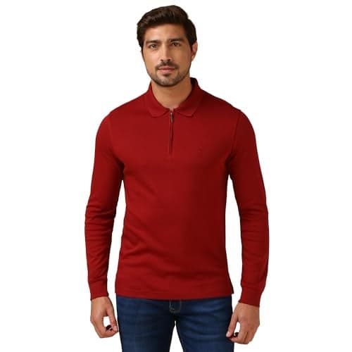Van Heusen Men Zipper Placket T Shirts - Cotton Polyester Interlock - Long Sleeves,Even Vented Hem, Polo Collar_Red_M