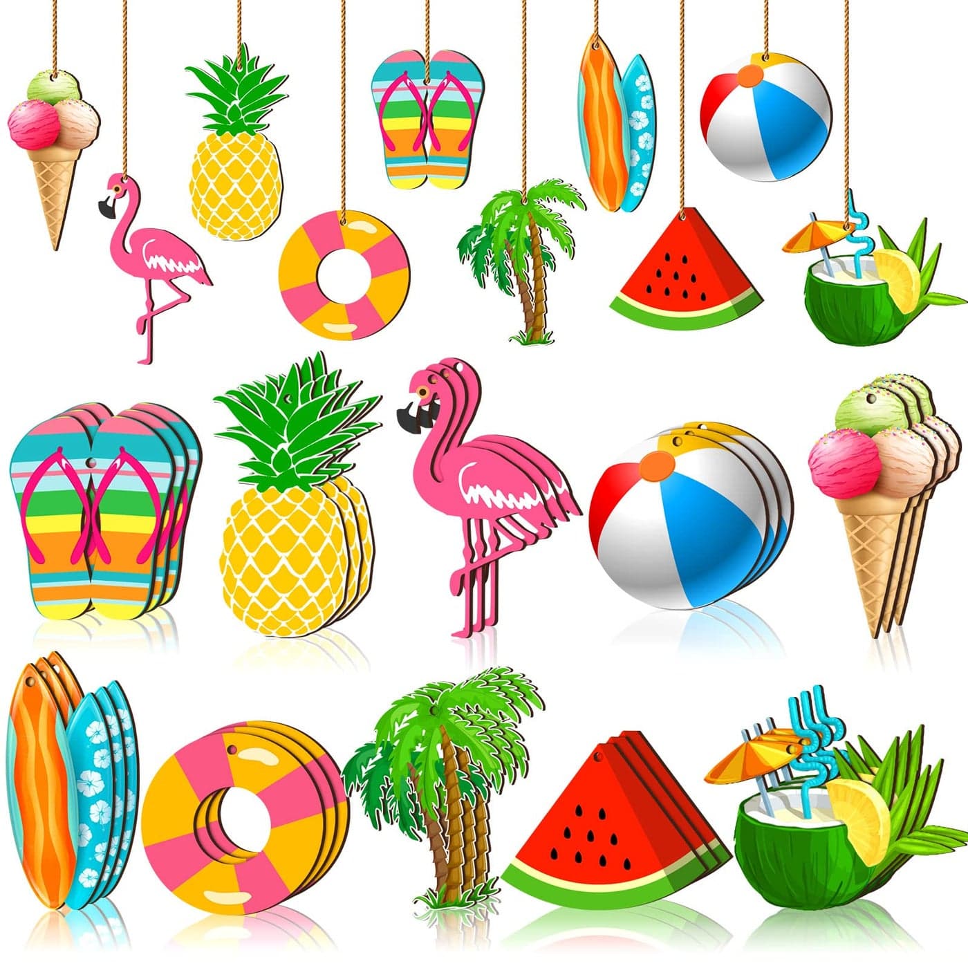 Chunful Summer Tree Ornaments Wood Hanging Decoration Beach Wooden Slices Christmas Winter Tree Ornaments with String for Luau Hawaiian Party SuppliesCute Style 30 Pieces