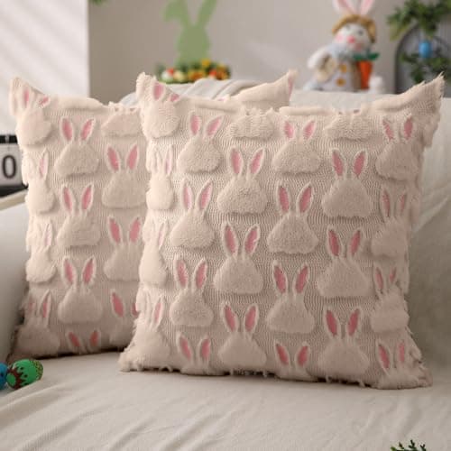 DFXSZ Easter Pillow Covers 20x20 inch Set of 2 Easter Decorations Pink Ears Beige Rabbit Soft Plush Faux Fur Jacquard Throw Pillows for Bedroom Sofa Holiday Festivals Home Decor FHJ17C20