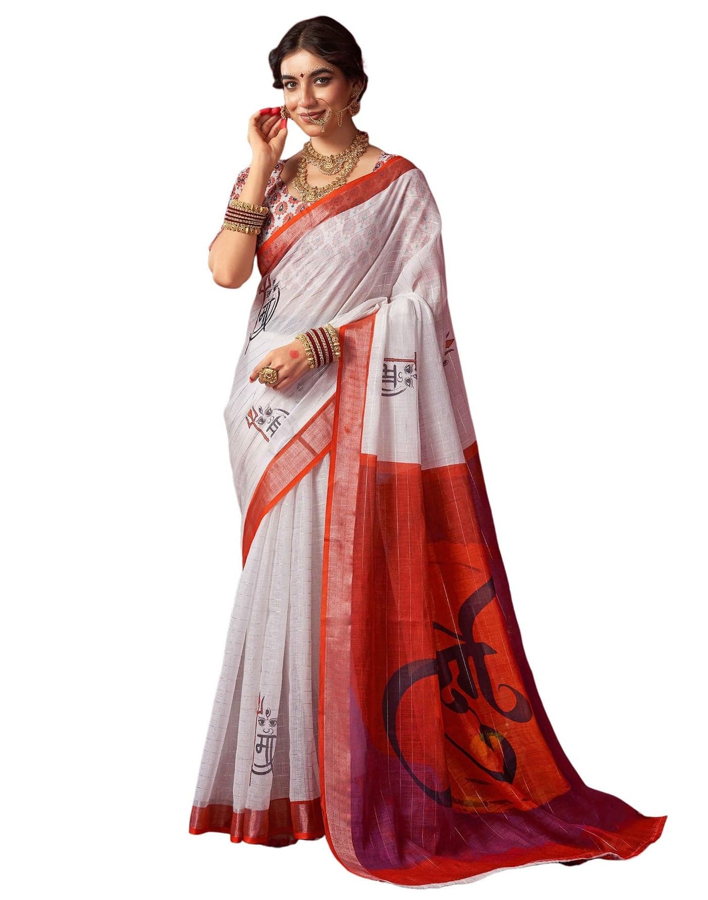 SIRIL Women's Cotton Printed Durga Pooja Saree With Unstitched Blouse (4769S292_White)