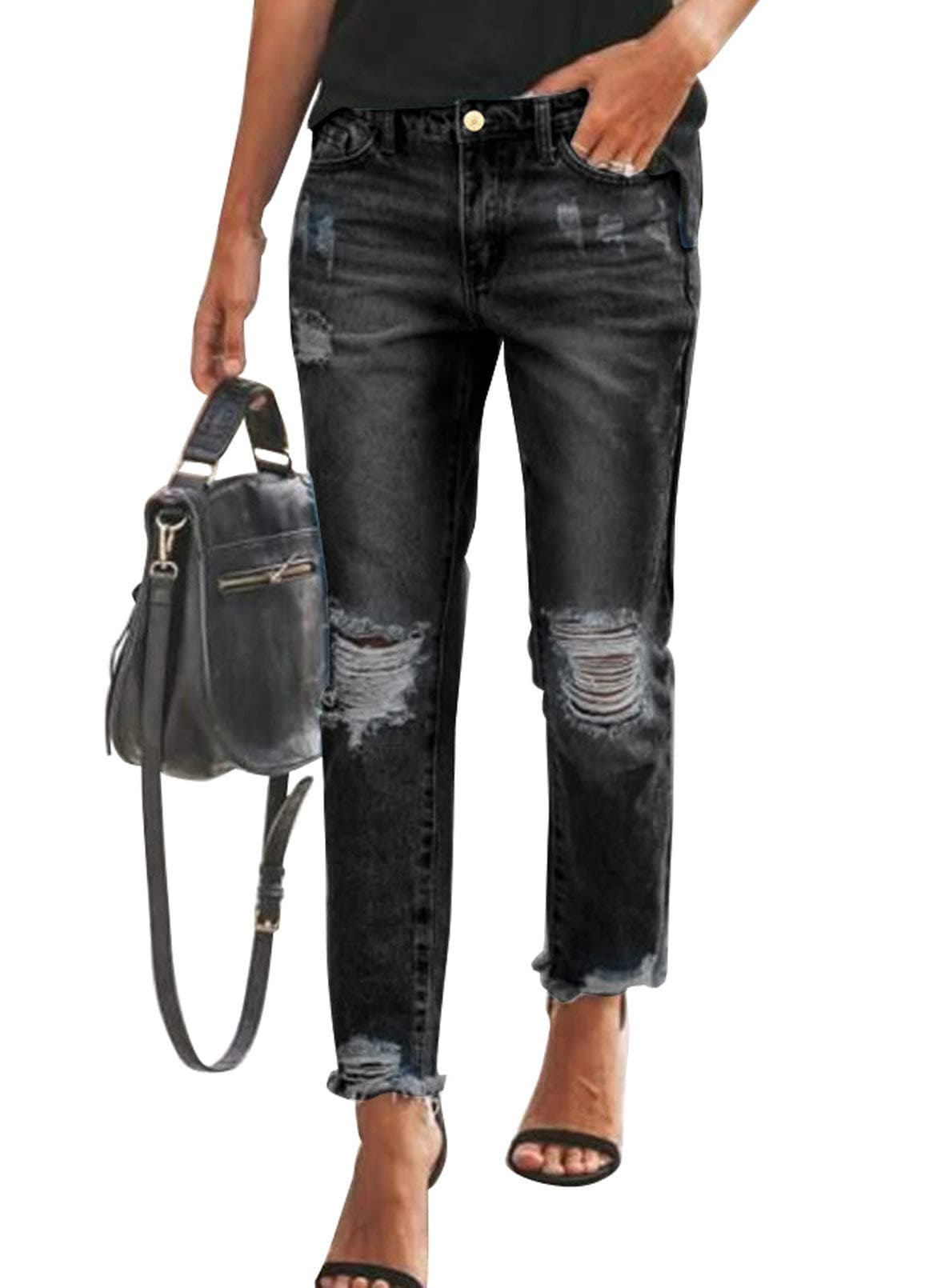 Sidefeel Women's Boyfriend Jeans Zimbaplatinum Stretchy Ripped Distressed Denim Pants Size 16 Black
