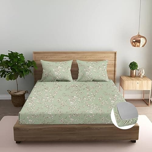 Trance Home Linen 100% Percale Cotton 210 TC Bedsheet | Queen Size Printed Fitted Bedspread with 2 Pillow Covers (Queen 78x60 inch, Grape Vine Green)