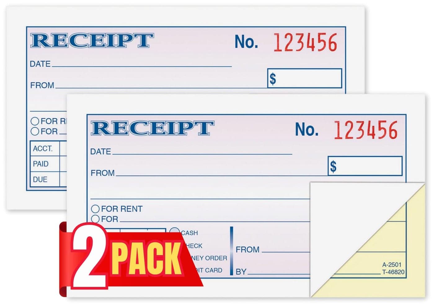 1InTheOffice Money and Rent Receipt, 2-3/4 x 5-3/8 Inches, 2-Parts, Carbonless, White/Canary, 50 Sets per Book (2 Books)