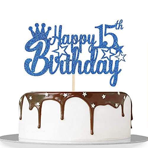 Festiko®Blue Glitter Happy 15th Birthday Cake Topper for Cheers to 15 Years/Teenagers 15th Birthday Party Decorations Supplies - High Grade Color