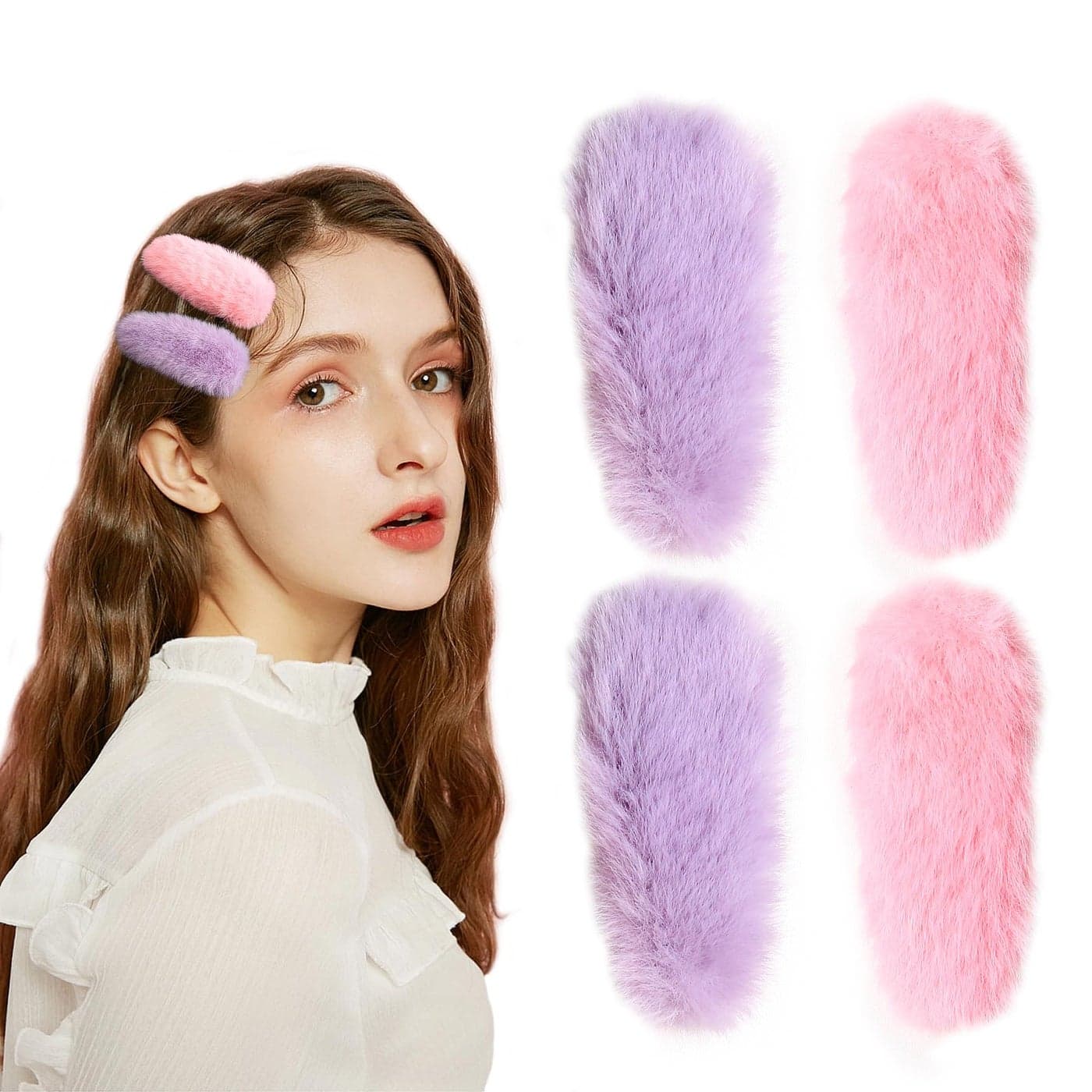 YIERSO Furry Snap Hair Clips for Women Girls Cute Soft 4 Inch No Slip Hair Barrettes Accessoriesfor All Hair Type Makeup Faux Fur Pink Purple