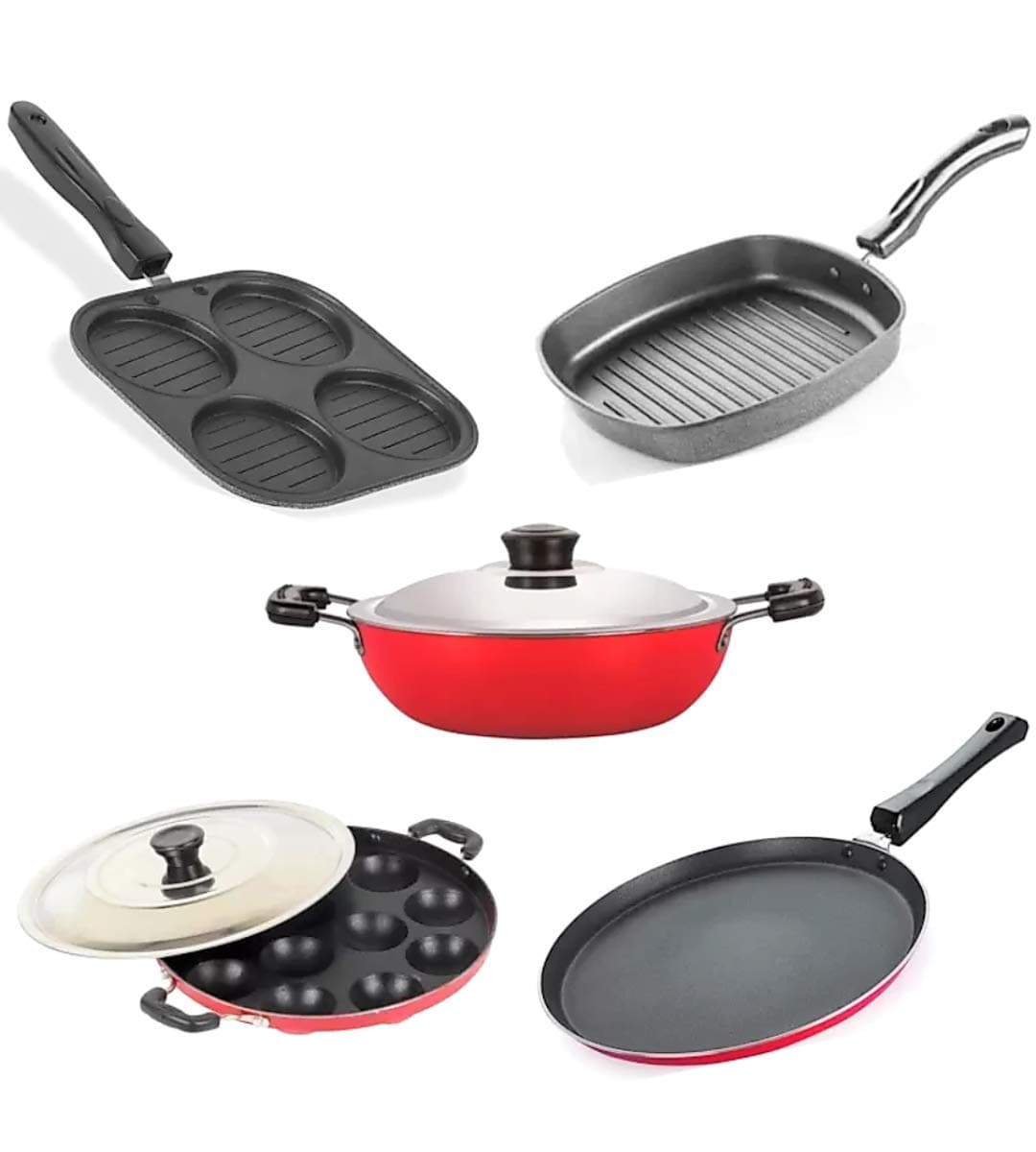 Bahurani Premium Non-Stick 5 Piece Cookware Set,(Appam Pan- 23Cm, Dosa Tawa - 27cm, Uthapam Maker - 19.5cm, Grill Pan - 22cm, Kadhai - 23Cm) Non Induction Base with Lid (Aluminum, Non-Stick)