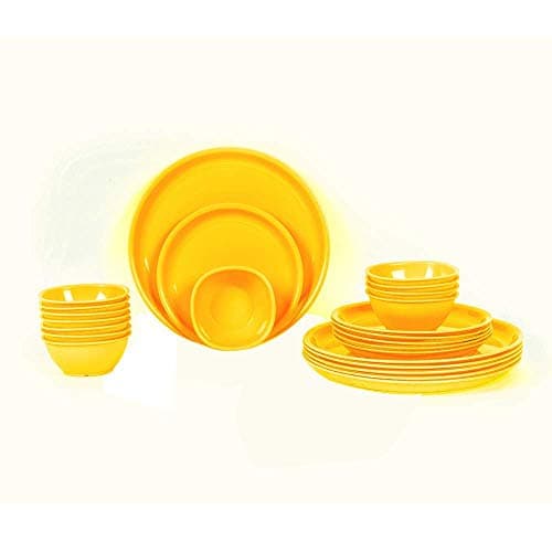 PRIZMA Microwave Safe Plastic Unbreakable Round Dinner Set Big Plates Set of 6, Small Plates Set of 6 & 12 Pieces Katori, Made in India (Yellow Set of 24)