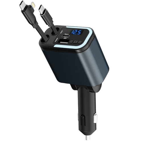 5-in-1 120W 30-Minutes Fast Flash Charging Retractable Car Charger, Wireless Bluetooth FM Transmitter, Type-C+USB-A Car Charger Adapter, Compatible with iPhone 17/16/15/14/13 Pro Max & Android Devices