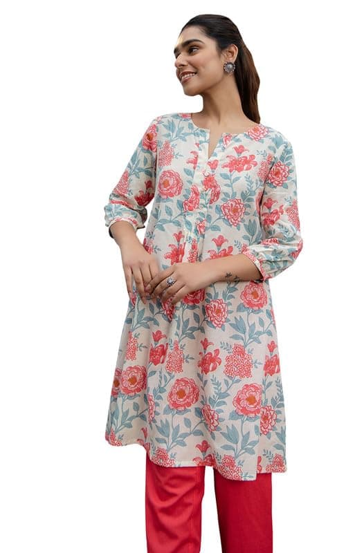 Janasya Women's Cream Cotton Floral A-Line Tunic (JAA24TU00114-L)