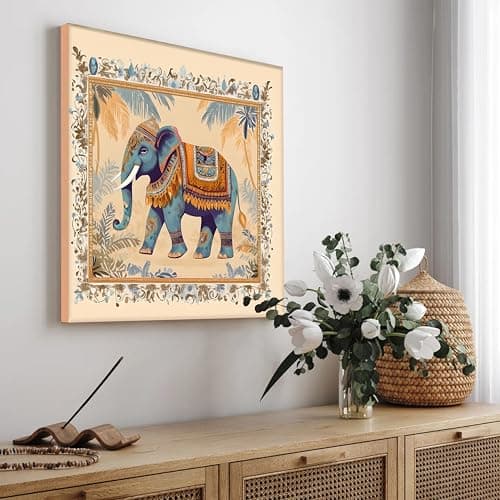 PAINTINGMANTRA Square Stretched Canvas Elephant Traditional Indian Wall Art Print Décor | Printed on Canvas Stretched on Wood | Suits for Living Room, Bedroom, Hallways, Office 40x40 cm