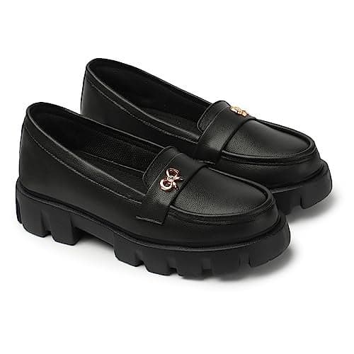 HimQuen Women Fashion Bow Tie Buckle Design Comfirt Casual Chunkey Loafer Shoe Handmade Matte Finish Pull On Patent Loafers Moccasin for Women| Girl | Ledies (Black Size 41, UK8)