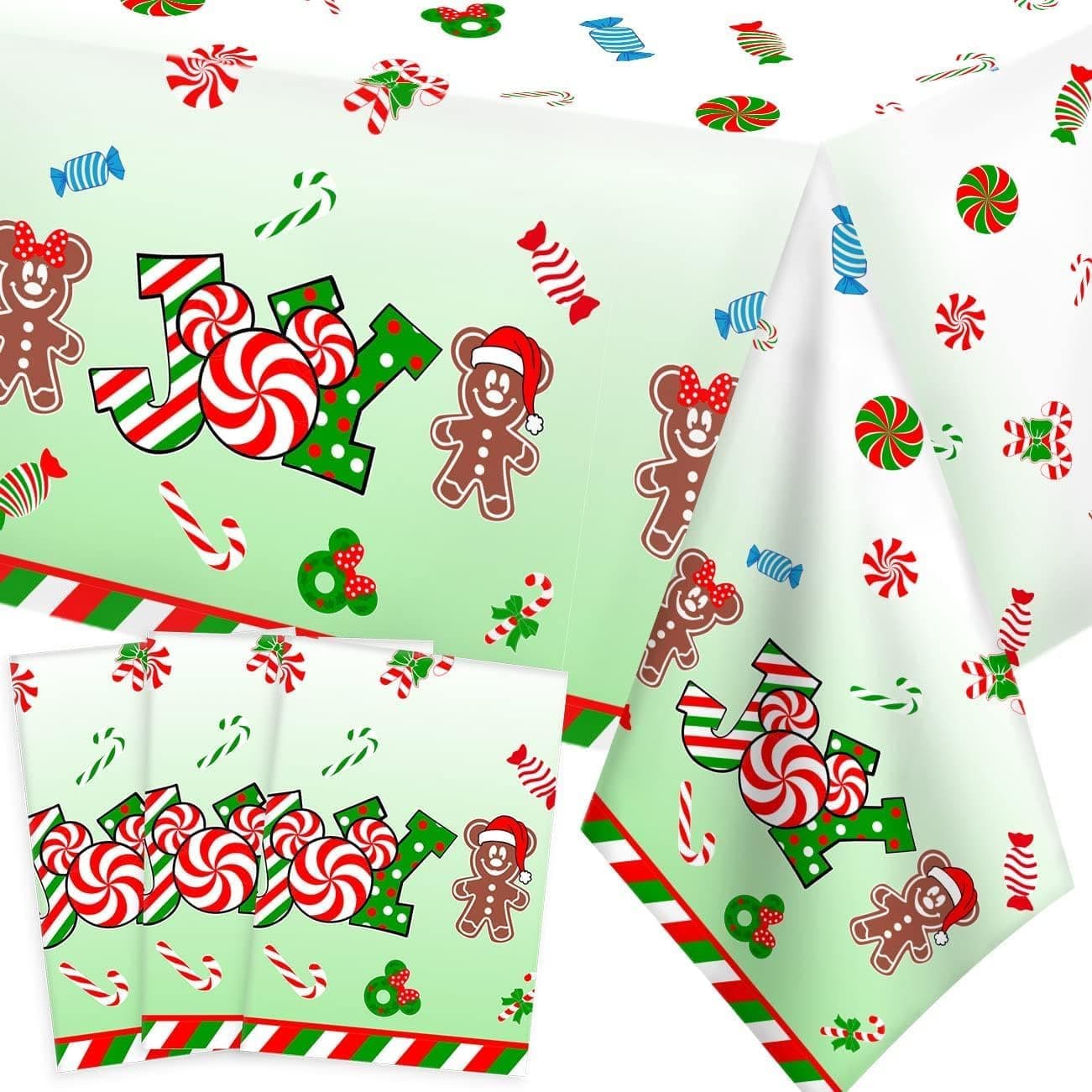 Haimimall 3pcs Christmas Tablecloth Gingerbread Christmas Table Cover Peppermint Christmas Candyland Joy Table Cloths Xmas Santa Mouse Christmas Decorations for Dining Room 108x54 inches