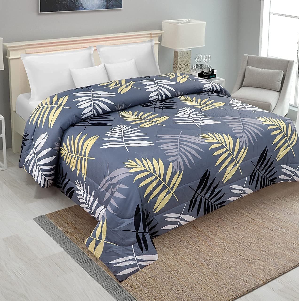 la' Amour Super Premium Quilt Cover Double Bed with Zipper Blanket/Comforter/Duvet Cover King Size Soft Cotton Breathable Skin Friendly Stuff 90x100 Inches, Yellow Grey