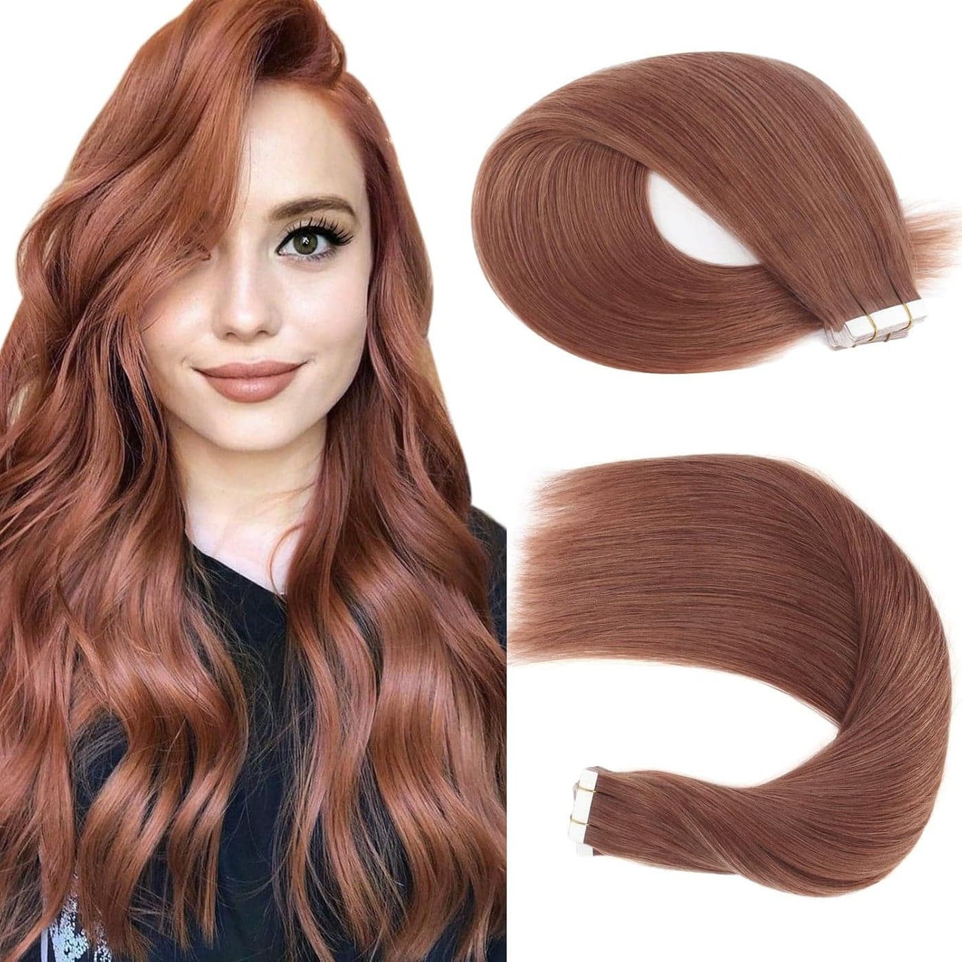 Sassina Tape in Skin Wefts Human Hair Extension Remy Hair PU Dark Vibrant per Auburn Cooper Red Brown Tape on Hair Extension 20Pcs 50g per set 33 20inch