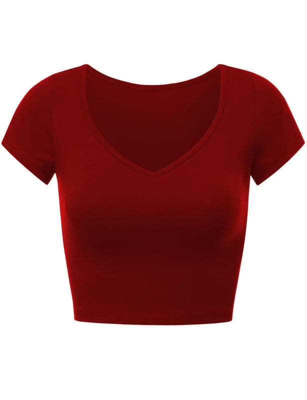XOLANI Womens Short Sleeve V Neck Basic Crop Top Summer Fitted Teen Tee Shirt Blouses for Girls X L2690 VK 1101 (M, RED)